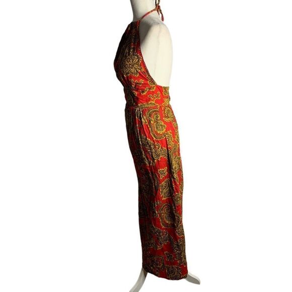 Vintage Handmade 70s Halter Dress S Red Paisley Maxi Sweetheart Tie Neck Zip - Picture 6 of 8
